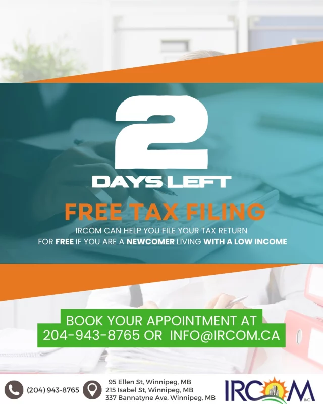 2 days left to file your taxes.

If this is your first time filing in Canada or you’re unsure where to start, you’re not alone. We’re here to make it easier.

IRCOM offers free tax filing support for eligible newcomers with low income, so you can access the benefits and credits you deserve.

Call 204 943 8765 or email info@ircom.ca to book.

#IRCOM #WinnipegCommunity #NewcomerSupport #TaxHelp #FreeTaxClinic