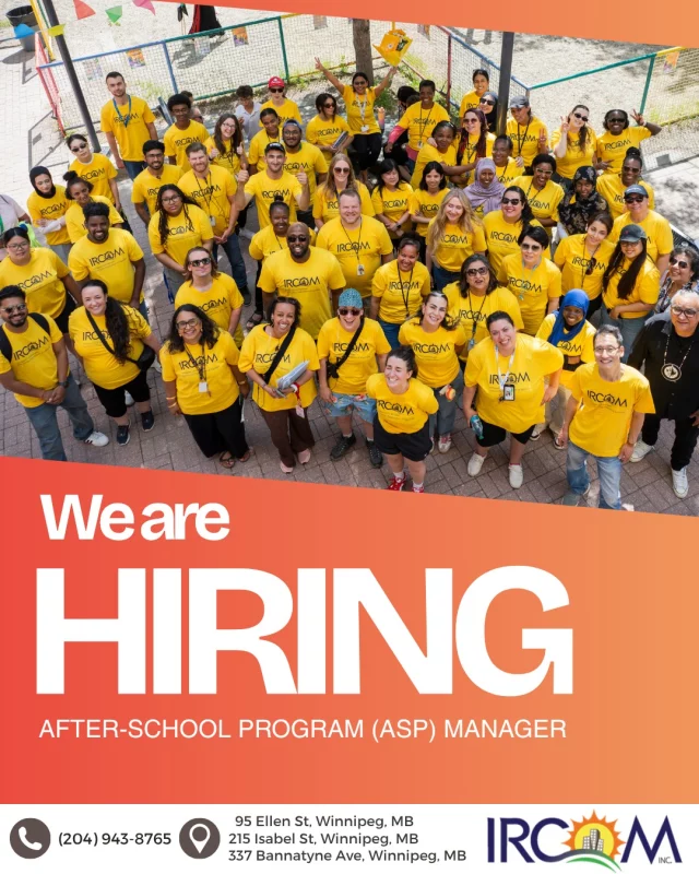 We're hiring!

IRCOM is looking for an After-School Program Manager to lead and support programs that empower newcomer children and youth to learn, grow, and thrive in their new communities. This is an opportunity to lead a passionate team and make a meaningful impact every day.

Interested in joining us? View the full job description and application details through the link in our bio.

We look forward to hearing from you.

#IRCOM #Hiring #WinnipegJobs #CommunityOfBelonging #NonProfitJobs