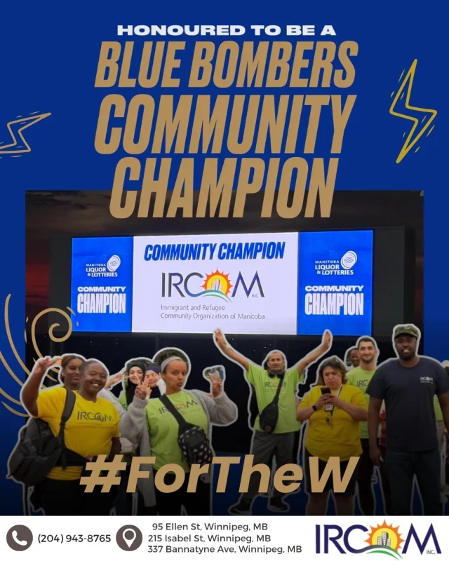 Some wins happen on the field. Others happen when people begin to feel at home.

We were proud to be recognized as a Community Champion by the Manitoba Liquor & Lotteries (@mbliquorlotteries ) & the Winnipeg Blue Bombers (@wpgbluebomberscfl ) organization. What made the evening even more meaningful was seeing many of our newcomer families experience a Canadian football game for the first time, including some who had been in Canada for less than three months.

One first-time attendee joked, “I’m still wondering why they call it football when they barely kick the ball.” But he also shared how much he enjoyed the energy, the cheering, and all the “get loud” moments.

Our staff noticed it too. Every Bombers score brought high fives between families, youth, staff, and fans around us. Those small moments created connection and made the stadium feel a little more like home.

And what a first game to experience. Winnipeg won 44- 28 and ended Montreal’s seven-game winning streak.

Maybe Team IRCOM really was the lucky charm that night.

Thank you to the Winnipeg Blue Bombers and Manitoba Liquor & Lotteries for the recognition and for creating such a memorable experience for our community.

#forthew #bluebombers #winnipegbluebombers #ircom #communityofbelonging