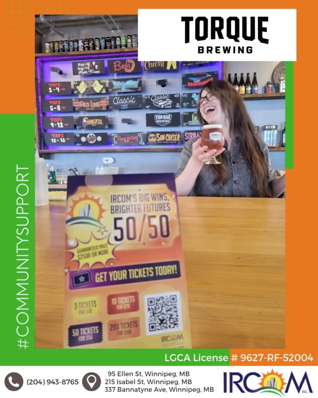 A big thank you to @torque_brewing Brewing for supporting IRCOM's Big Wins, Brighter Futures 50/50 Raffle! 

By displaying our raffle tent cards in their tasting room, they're helping raise awareness and support for newcomer and refugee families as they build new lives in Winnipeg.

Be sure to visit Torque Brewing to grab a pint, where patrons can scan the QR code for their chance to win a guaranteed jackpot of $2,500+ while making a difference in our community.

You can also buy your tickets online here or with the link in the bio: https://rafflebox.ca/raffle/ircom-test/

LGCA License # 9627-RF-52004

#BigWinsBrighterFutures #IRCOM #Winnipeg #SupportLocal #CommunityStrong